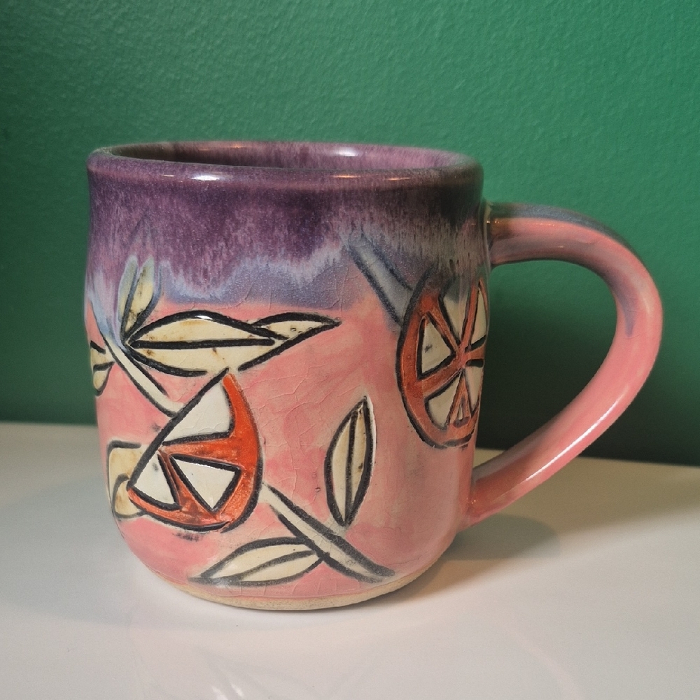 Pottery Handmade Ceramic Mug Purple, Orange Pink Oranges Carved Plant Flower